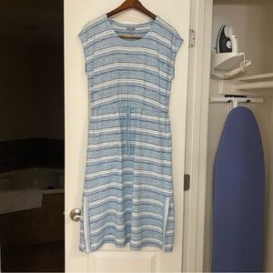 T By Talbots Womens Midi Shift Dress M MP 40” Medium Petite Blue White Stripes